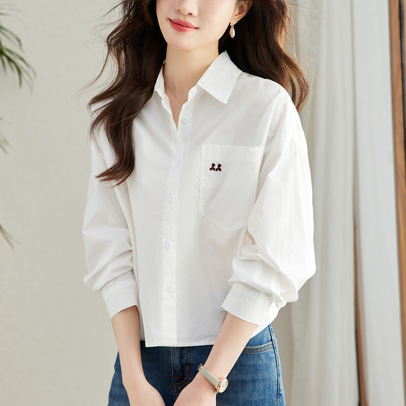 direct sales autumn new pure cotton long-sleeved shirt women's Korean version loose pocket embroidered temperament versatile shirt