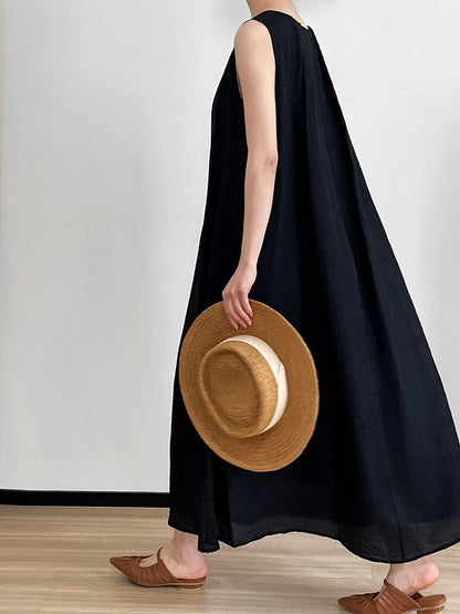 Luxi,  imitation linen pleated sleeveless A-shaped dress, thin high-end vest skirt, vacation dress 3210