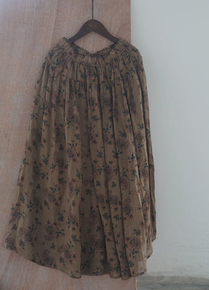 retro digital printing ramie pendulum skirt, literary double-layer elegant elastic waist dress B22228