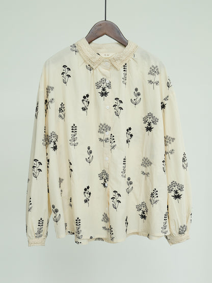 Autumn  Embroidered Combed Cotton Shirt, Pastoral Life Wenqing Versatile Loose Long Sleeve Top S22307