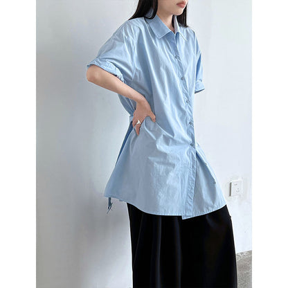Luxi Korean niche design belt shirt women's summer new buckle loop strap waist short-sleeved top 8745