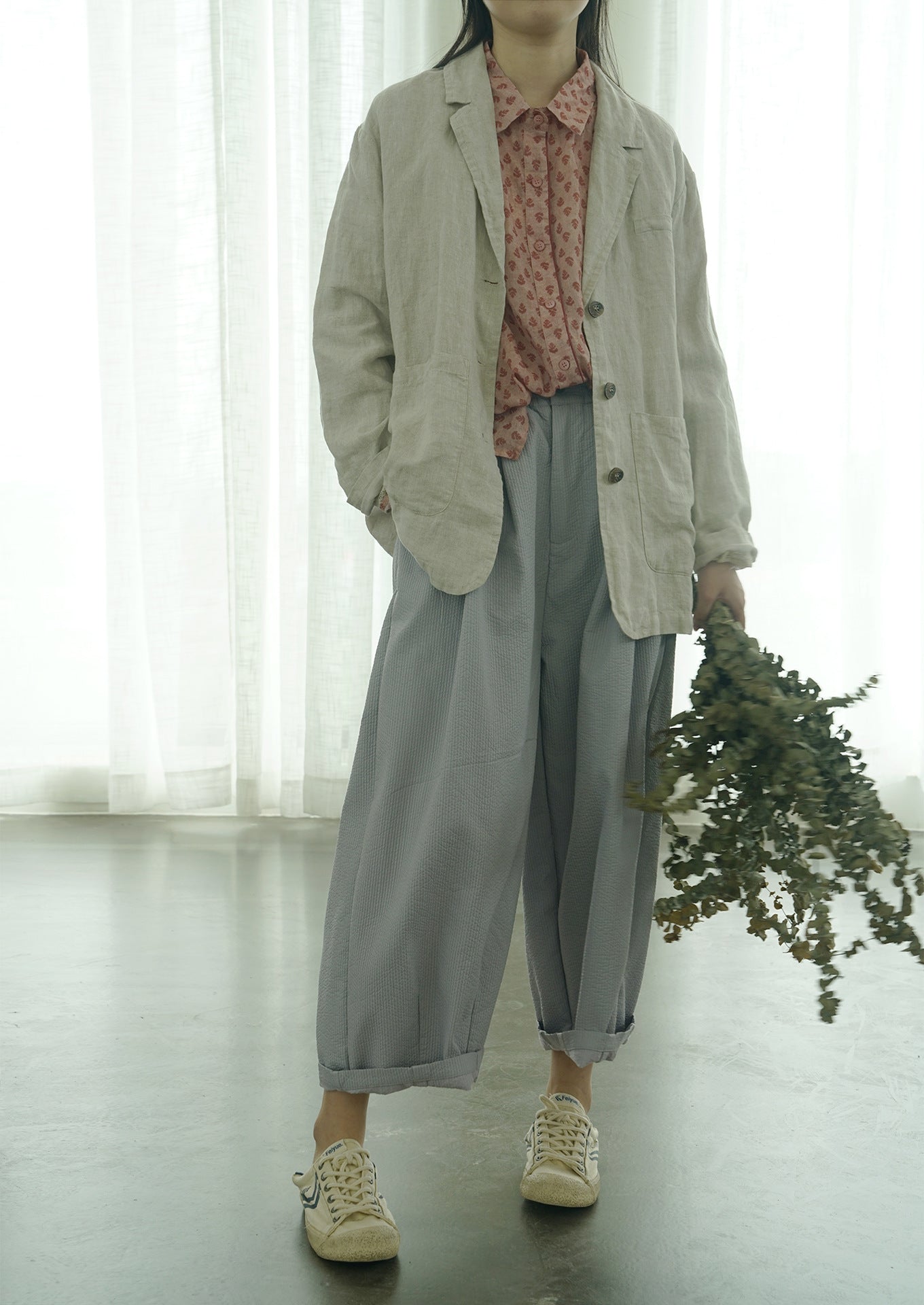 casual and literary early autumn floral lapel ramie shirt, retro nostalgic classic thin top S22272