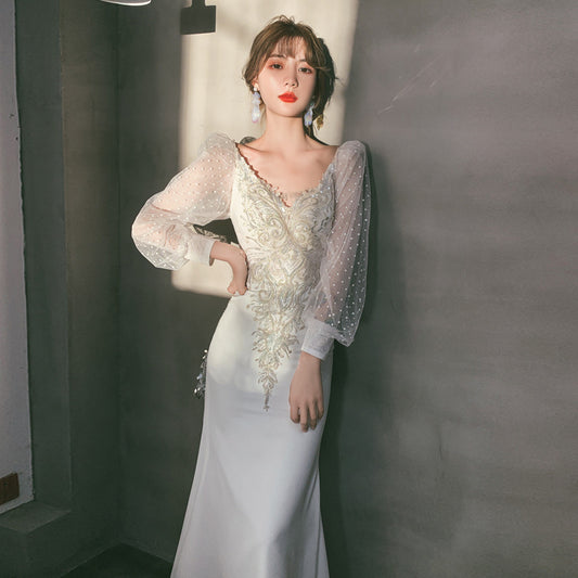 2025 Annual meeting evening dress fishtail  winter new host dress skirt female banquet temperament socialite white long
