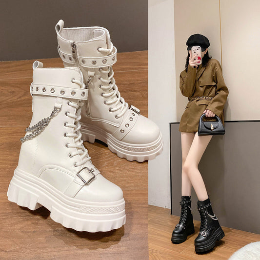 Cross-Border Thick Bottom Height Increasing Insole Knight Boots Female  Autumn and Winter New HOTan and NEWn Martin Boots Female Thick Bottom Women's Mid Boots Tide