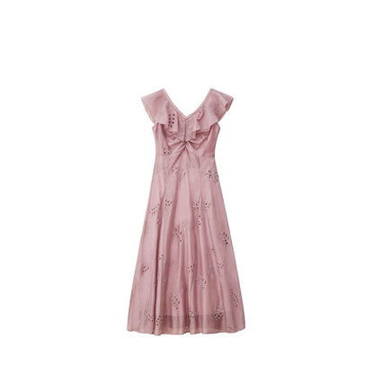 VLOVELAW [Golden Girl] S's 24 New Japanese Style V-neck Flounce Flying Sleeve Hollow Embroidery Dress 24039#