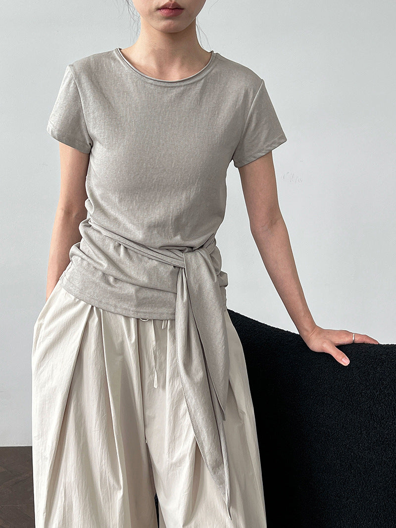 Luxi Korean version strap waist T-shirt women's summer new casual round neck versatile short-sleeved front shoulder top 2695