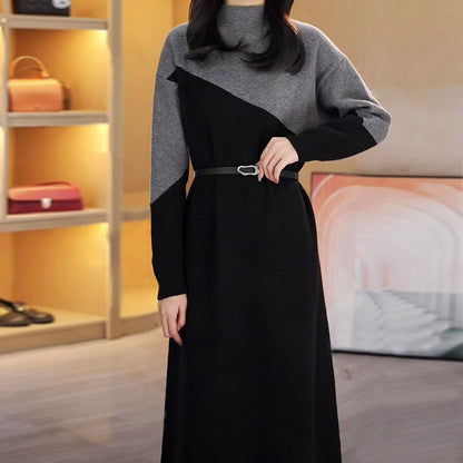 VLOVELAW Autumn and winter new fashion and thin high-end sweater skirt 2025 style color matching semi-turtleneck knitted sweater dress women