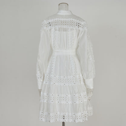women's clothing  long-sleeved shirt skirt spring and autumn women's single-breasted water-soluble lace embroidered hollow dress