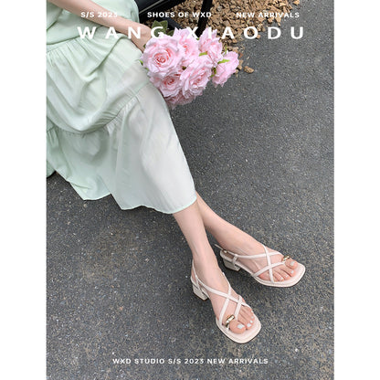 VLOVELAW  Women's Chunky Heel Temperament Fairy Style Thin Strap Sandals  New Summer Internet Celebrity Buckle Flip Toe Roman Shoes
