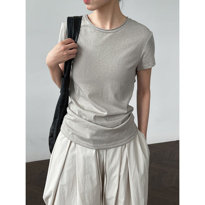 Luxi Korean version strap waist T-shirt women's summer new casual round neck versatile short-sleeved front shoulder top 2695