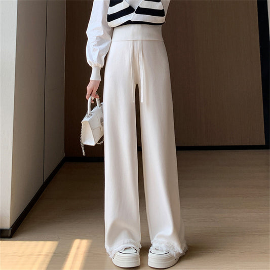 VLOVELAW Knitted fringed wide-leg pants women's New autumn and winter new high-waisted casual straight-leg pants soft waxy mopping long pants