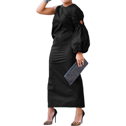 VLOVELAW Bn295 Cross-Border Foreign Trade European and American Women's Clothing Autumn New Solid Color Single Sleeve Hollow-out Side Slit Dress