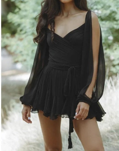 VLOVELAW Cross-Border European and American Women's Clothing Hot Sale at  off-the-Shoulder Sleeves V-neck Sexy Dress