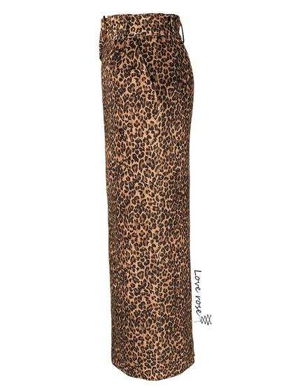 popular autumn new women's skirt, leopard print high waist medium and long versatile split skirt, waist straight skirt