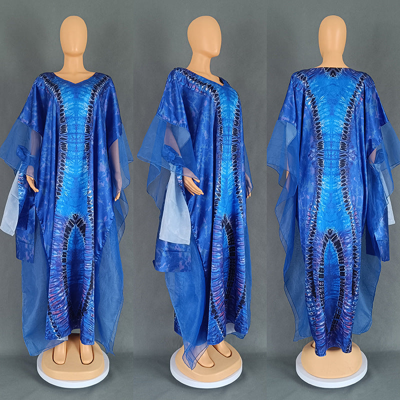 VLOVELAW Cross-Border European and American Women's Clothing African Middle East Ethnic Style Retro Long Gown Mesh Printed Tape Headscarf Dress 9004