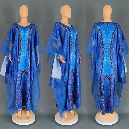 VLOVELAW Cross-Border European and American Women's Clothing African Middle East Ethnic Style Retro Long Gown Mesh Printed Tape Headscarf Dress 9004