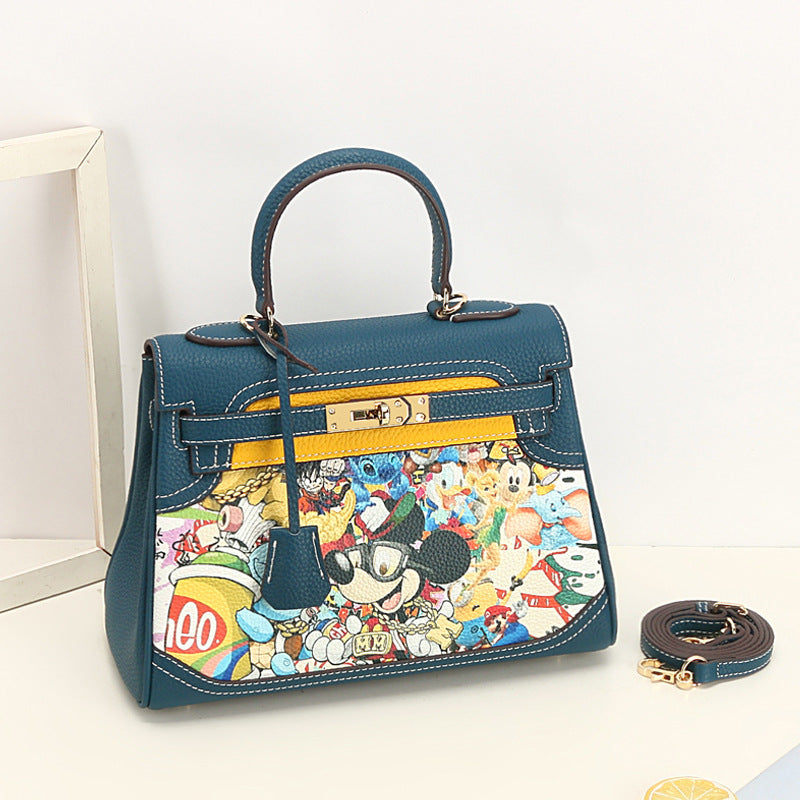 VLOVELAW 2025 New Fashion Printed Graffiti Kai Bag Cartoon Pattern Leather Women's Bag First Layer Cowhide One Shoulder Crossbody Handbag