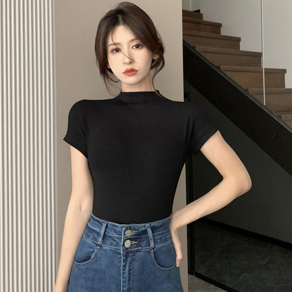 VLOVELAW Foreign Trade Cross-Border Summer Slim Fit Slim Looking Base Inner Wear Blouse Ins Desire Style Half Turtleneck Short Sleeve T-shirt Female Wholesale
