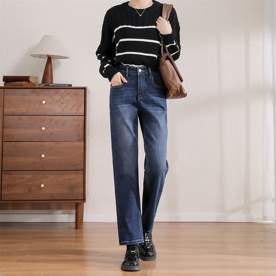 2025    Customized retro straight jeans women's spring and autumn high waist and thin fashion versatile commuter pipe pants