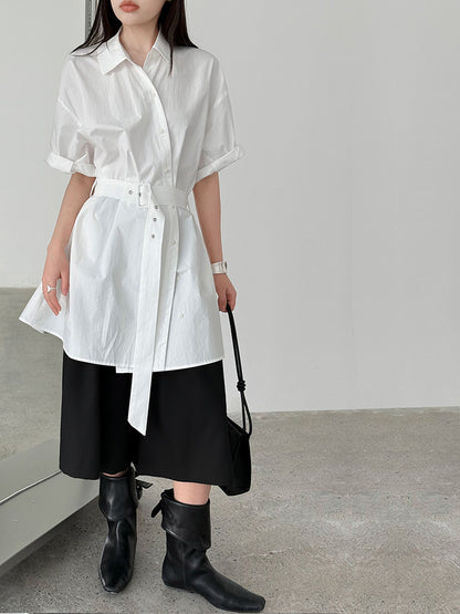 Luxi Korean niche design belt shirt women's summer new buckle loop strap waist short-sleeved top 8745