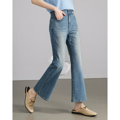 2025  Retro Hong Kong style slightly pulled jeans women look thin spring and autumn new washed four-sided elastic blue nine-point flared pants