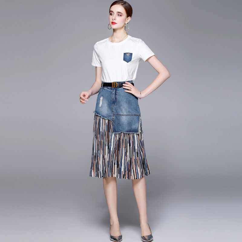 summer new light and mature style women's clothing set Hong Kong flavor T-shirt temperament fashion denim two-piece set