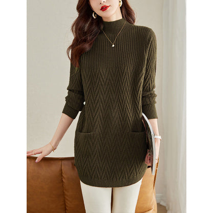 The official website picture direct sales small sweater women's butt covering thickened winter semi-turtleneck medium and long bottoming shirt