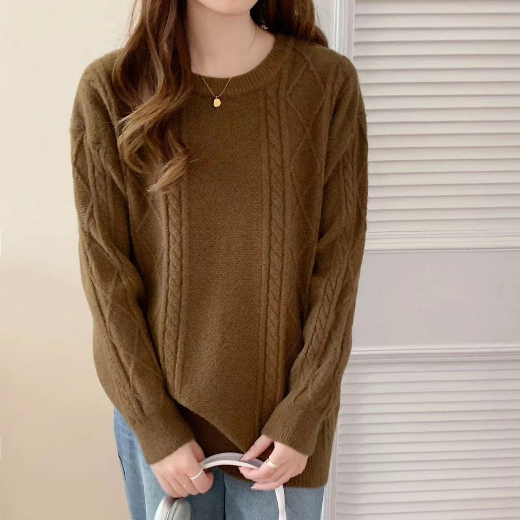 VLOVELAW New autumn and winter new women's clothing loose round neck pullover sweater women's rhombus lazy wind long-sleeved knitted sweater women's top
