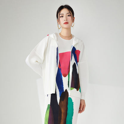 2025 Pleated jacket sweater women's autumn and winter new loose texture printed loose temperament casual cardigan hooded top