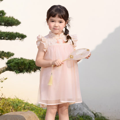 VLOVELAW Girls Dress Baby  Spring and Summer New Children's Mesh National Style Cheongsam and Dress Pure Cotton Princess Style
