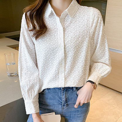 Lace lace lapel white shirt women's long sleeves popular autumn new cotton embroidered top temperament lady shirt