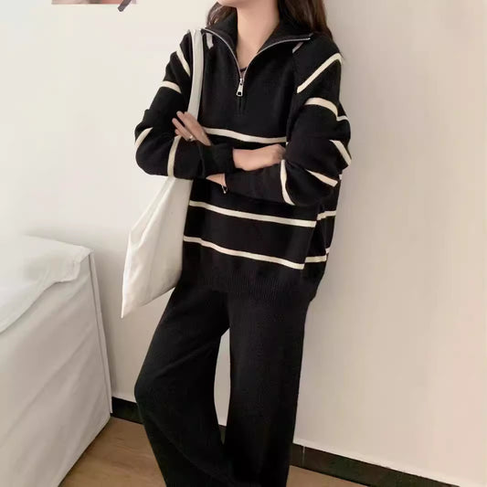 VLOVELAW 秋冬新款撞色毛衣半拉链套装女学院风立领套头上衣阔腿裤两件套女
