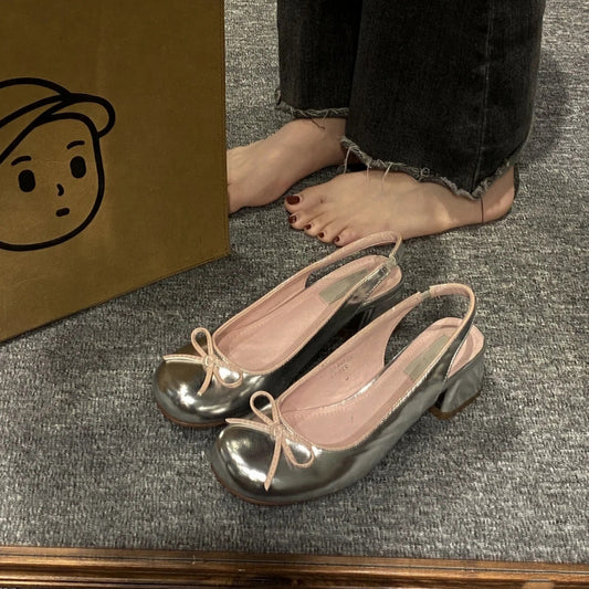 Sheepskin Version ~ Leather Chunky Heel Back Empty Closed Toe Sandals Women's Vintage Mary Jane Pumps Low-Cut Bowknot High Heels 2025