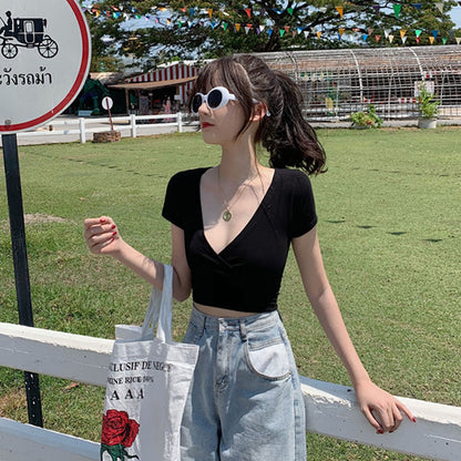 VLOVELAW American Retro Floral Cross V-neck Slim Fit Short Midriff-Baring Short-Sleeved T-shirt Women's Top  Summer New Fashion
