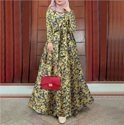 VLOVELAW New Cross-Border Retro Muslim Dress Printed Sundress Long Sleeve Robe Belt