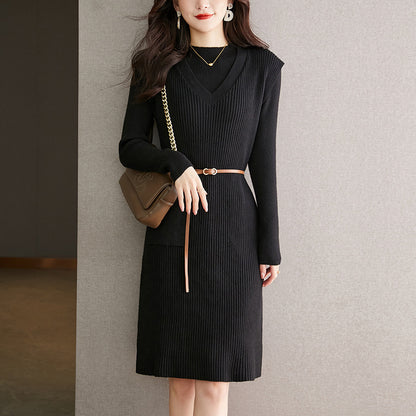 VLOVELAW elegant knitted sweater two-piece skirt autumn and winter new lace-up waist vest medium and long dress women