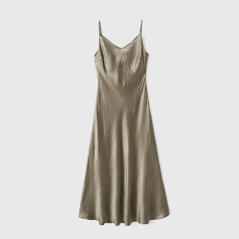 2025 Anti-wrinkle texture satin, acetic acid suspender dress, high-end temperament long dress, summer women's skirt new