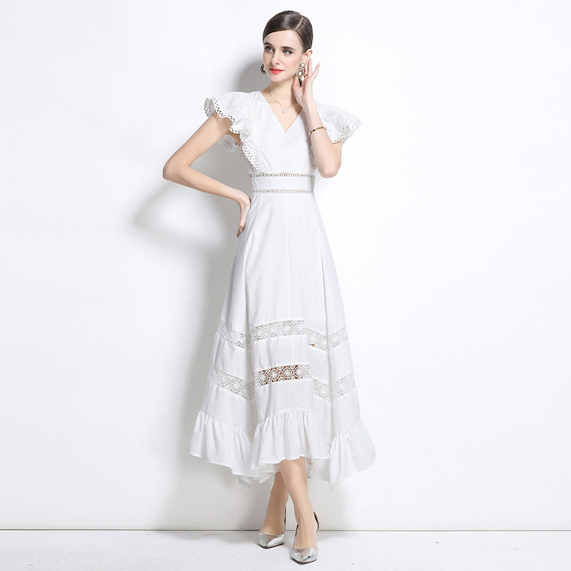 Crew neck lantern sleeve pleated waist princess style printing dress skirt mesh splicing dress  spring new
