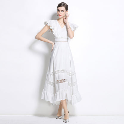 Crew neck lantern sleeve pleated waist princess style printing dress skirt mesh splicing dress  spring new