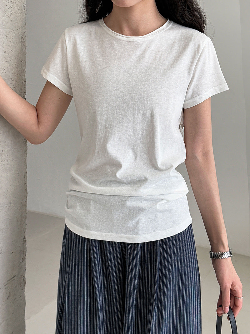 Luxi Korean version strap waist T-shirt women's summer new casual round neck versatile short-sleeved front shoulder top 2695