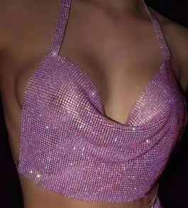2025  180295 2025 vest sexy rhinestone inlaid diamond cloth neck short top splicing chest vest skirt