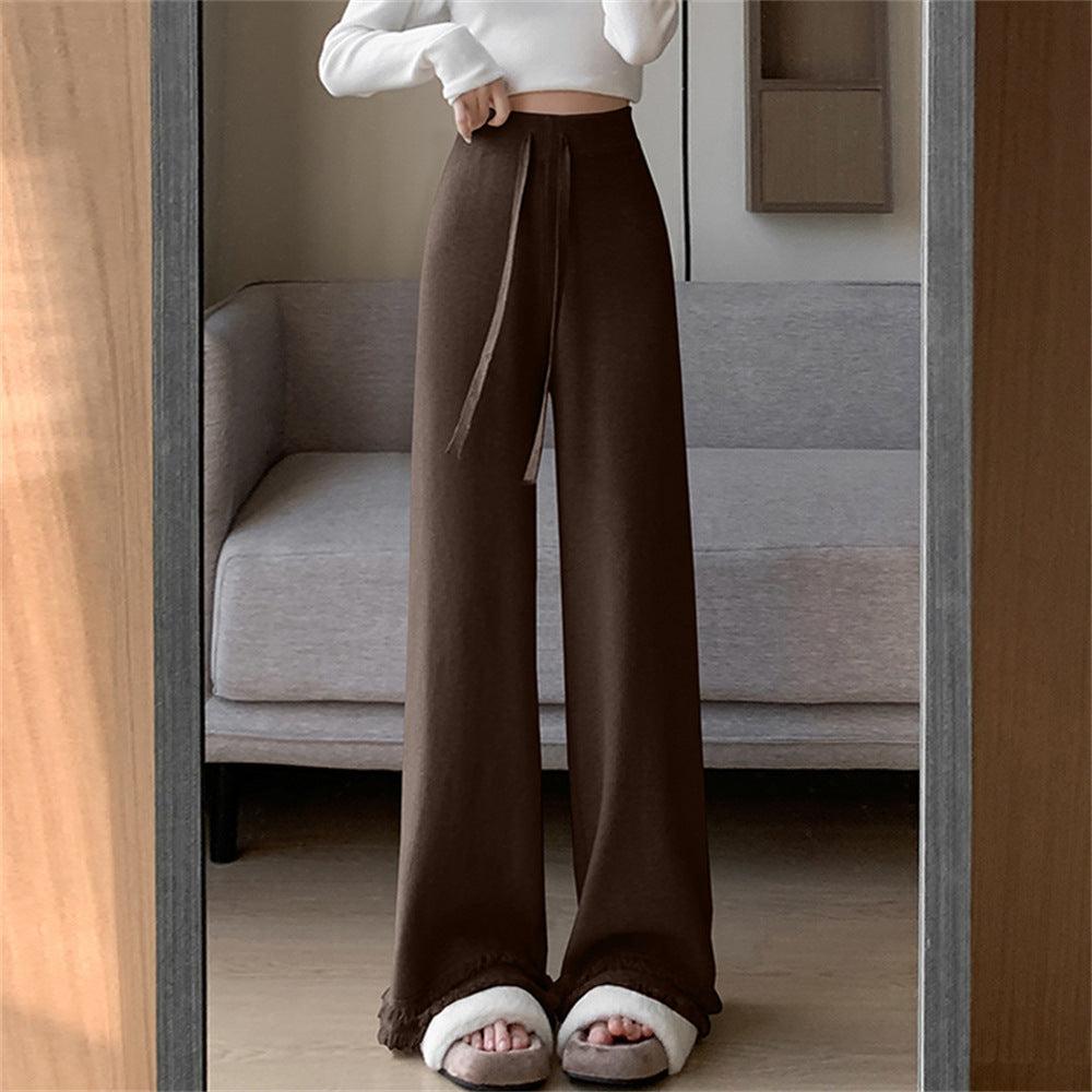 VLOVELAW Knitted fringed wide-leg pants women's New autumn and winter new high-waisted casual straight-leg pants soft waxy mopping long pants