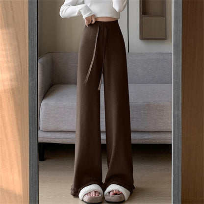 VLOVELAW Knitted fringed wide-leg pants women's New autumn and winter new high-waisted casual straight-leg pants soft waxy mopping long pants