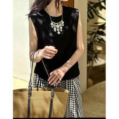 2025 Tachibana  spring and summer round neck sleeveless side pleated minimalist linen pullover shirt vest 5572