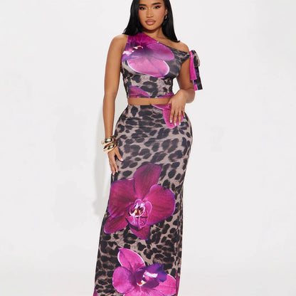new New fashion slim temperament elegant printing diagonal collar lace-up short top hip-wrapped long skirt set