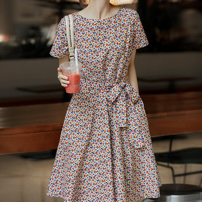 2025 Gentle floral skirt, high sense  new printed summer women's clothing lace-up A-word medium and long dress summer