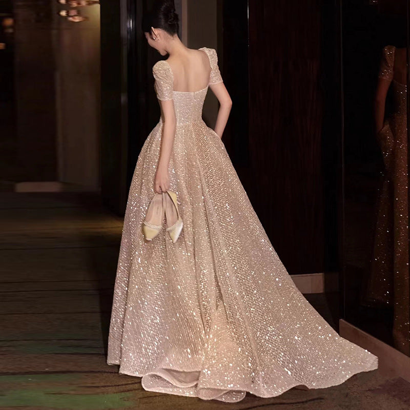 2025 Banquet evening dress  new bridal temperament super fairy fine flash out the door yarn slim and thin small trailing dress skirt