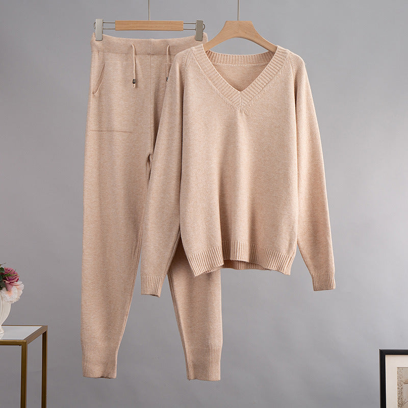 VLOVELAW  V-neck sweater set, Popular, 2025 popular autumn and winter warm backing V-neck sweater + pocket pants two-piece set