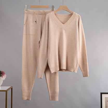VLOVELAW  V-neck sweater set, Popular, 2025 popular autumn and winter warm backing V-neck sweater + pocket pants two-piece set