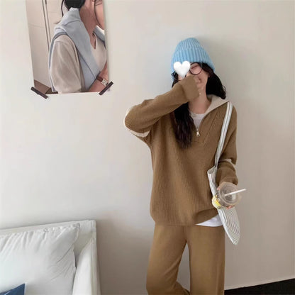 VLOVELAW Autumn and winter casual knitted suit women's New new pullover half zipper contrasting color lapel sweater wide-leg pants two-piece set